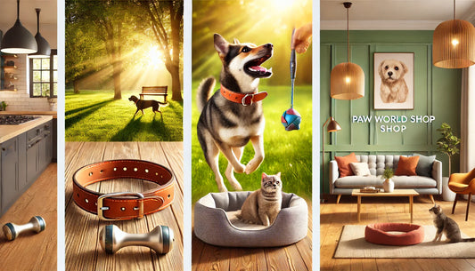 Happy dog wearing a premium collar, playful cat with an interactive toy, and a cozy pet bed from Paw World Shop in an inviting home setting