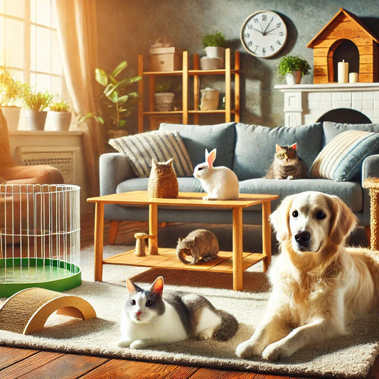 Cozy living room with a golden retriever, grey tabby cat, and white rabbit enjoying pet-friendly furniture and toys, illustrating a safe and enriched pet environment