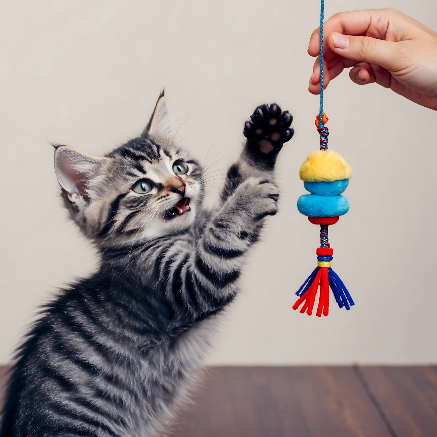 Interactive pet toys at Paw World Shop. A playful cat sits beside colorful interactive pet toys, including a puzzle ball and chew toys, in a bright, modern home. Browse fun pet toys for dogs and cats now!