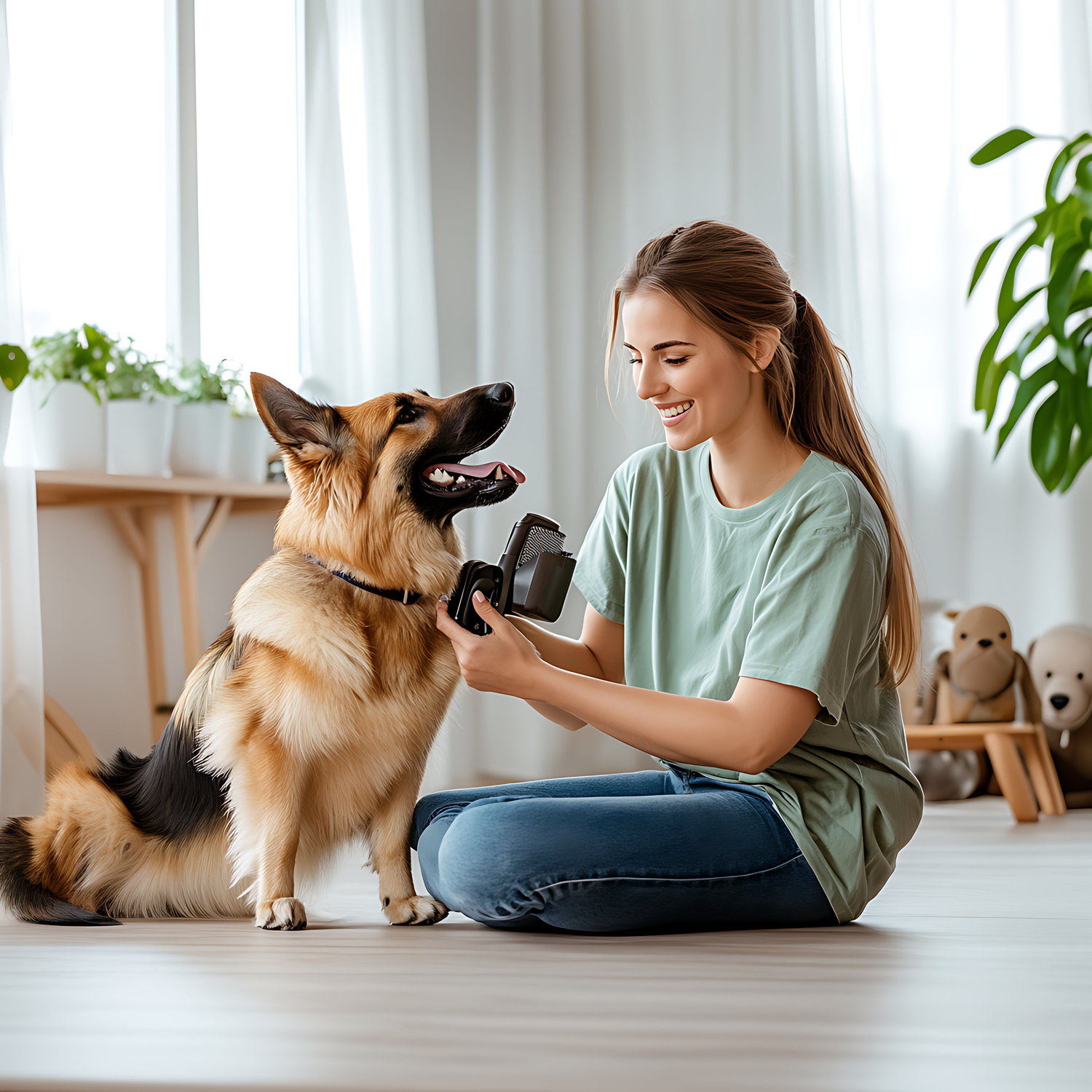 Pet grooming essentials at Paw World Shop. A neatly arranged set of pet grooming tools, including a premium pet brush, shampoo bottles, and grooming gloves, placed in a stylish bathroom. Keep your pet fresh and clean with top-quality grooming supplies!